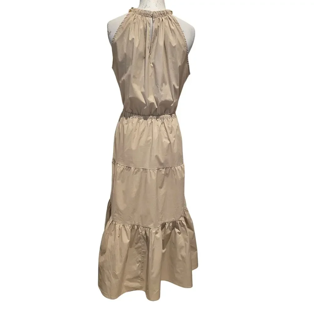 Michael Kors Khaki Gold Chain Halter Organic Stretch Cotton Midi Dress Tiered
